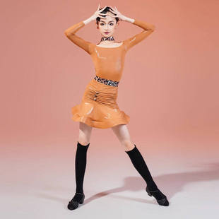 FZS拉丁舞服儿童秋季新款女长袖爽肤皮拼接豹纹练功服百搭舞蹈服