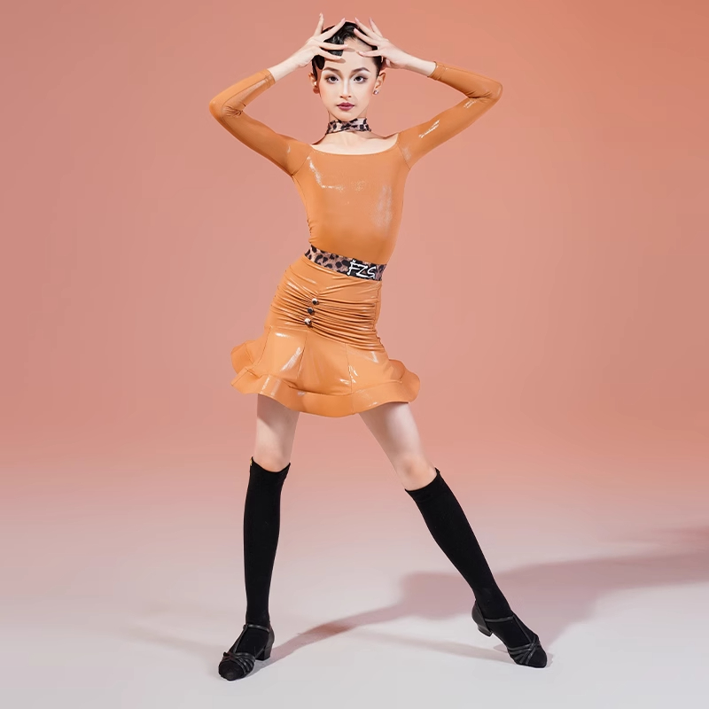 FZS拉丁舞服儿童秋季新款女长袖爽肤皮拼接豹纹练功服百搭舞蹈服
