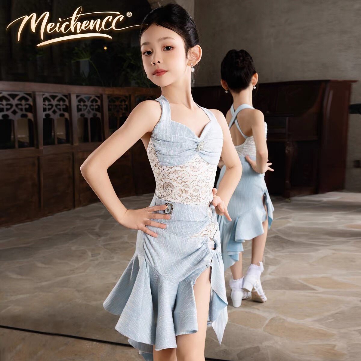 美辰雾蓝牛仔新款女童拉丁舞服