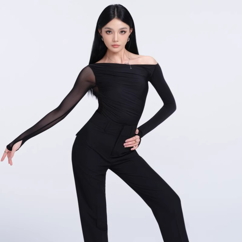 WAVE未午拉丁舞服新款秋冬光与褶上衣高腰裤分体套装专用舞蹈服女