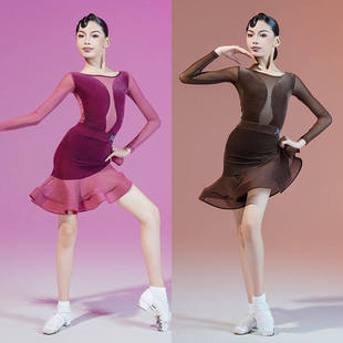 MR拉丁舞服秋冬新款拉丁舞女丝绒拼接网纱鱼骨裙套装专业练功服女