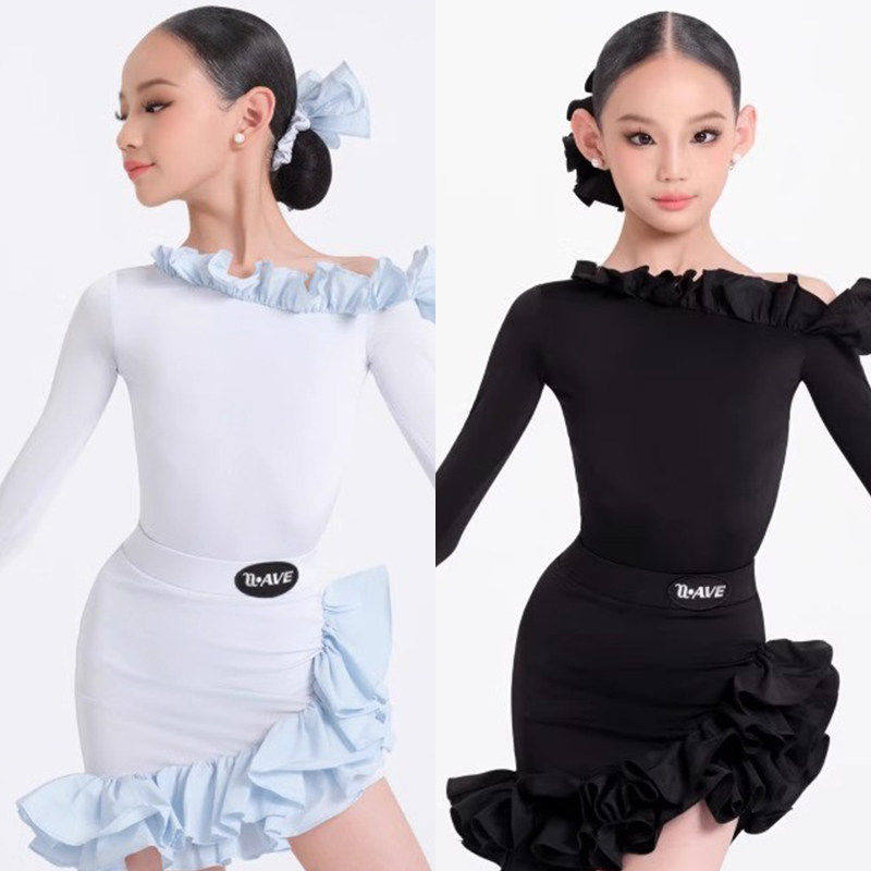 WAVE未午新款拉丁舞服秋冬儿童银标梦幻晶浪花边套装日常练功服