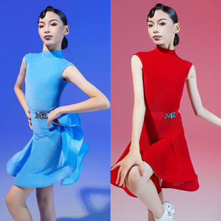 MR儿童拉丁舞服秋季新款半高领连肩短袖丝绒赛服专业百搭表演服女
