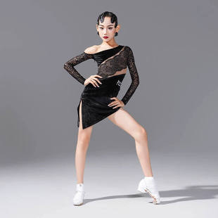 FZS拉丁舞服秋季新款儿童斜肩蕾丝拼接丝绒连体练功服专业舞蹈服