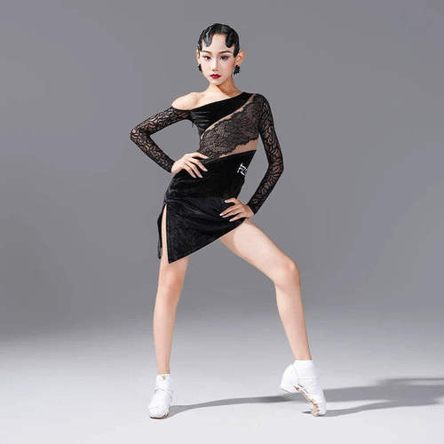 FZS拉丁舞服秋季新款儿童斜肩蕾丝拼接丝绒连体练功服专业舞蹈服