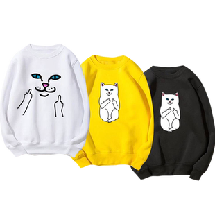贱猫竖中指日版潮流欧美秋季新款猫创意男情侣装女薄定制圆领卫衣