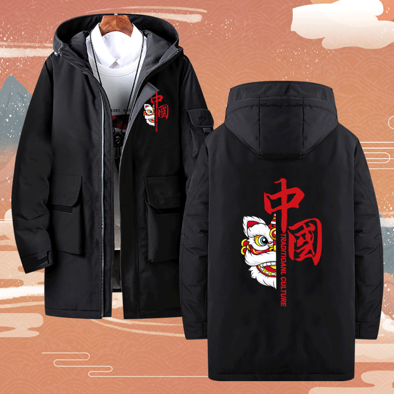 国潮一家三口洋气中国全家福保暖工装风中长款定制连帽外套羽绒服