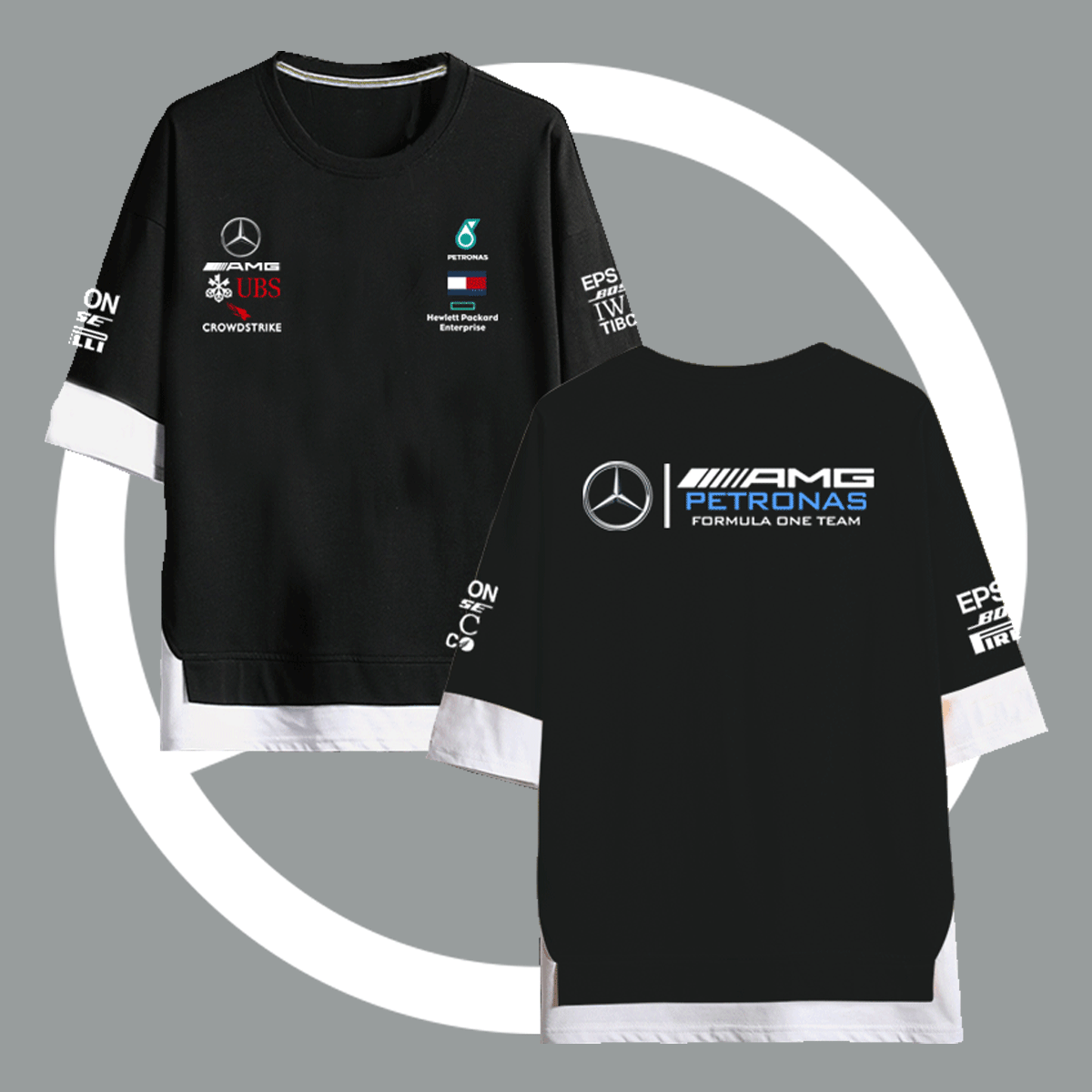 可定制F1赛车服梅赛德斯奔驰AMG车队汉密尔顿男T恤半袖拼接假两件