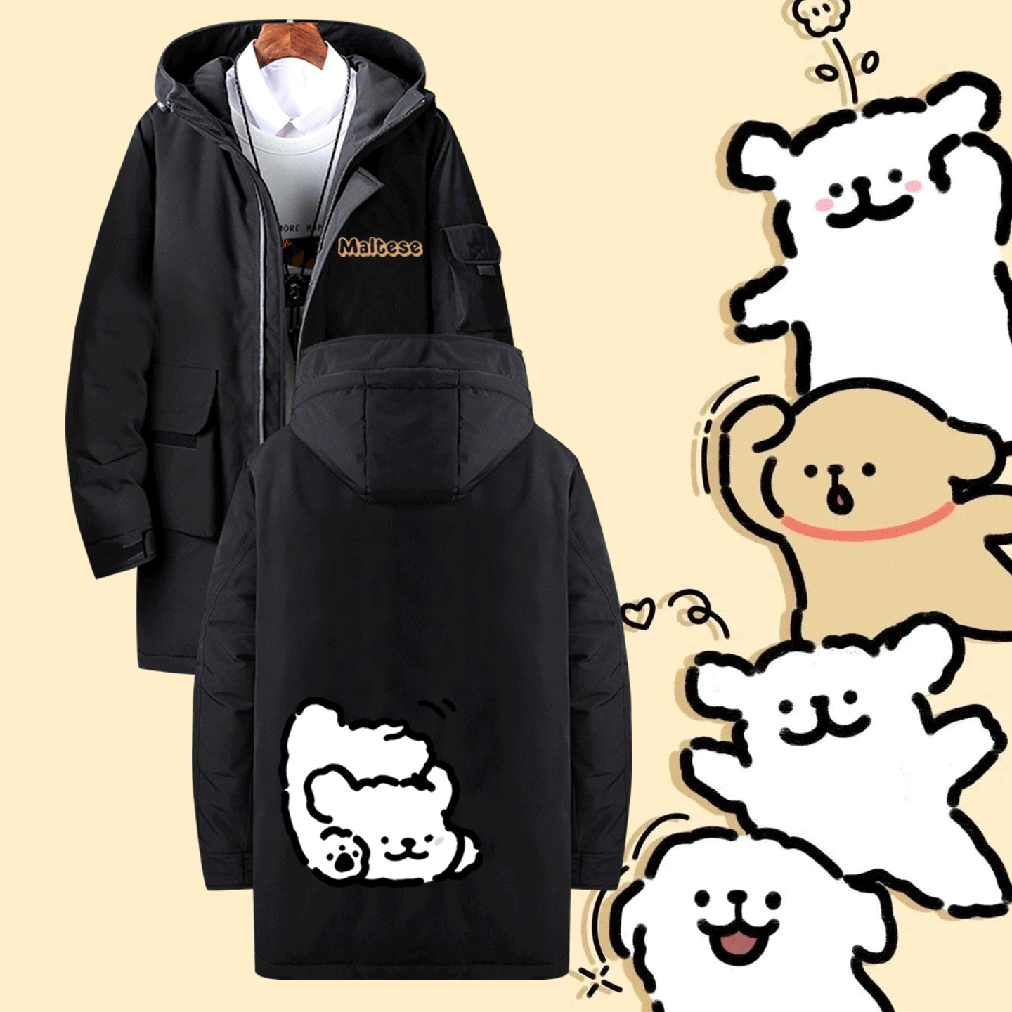 线条小狗卡通可爱联名周边印花男女情侣秋冬季可定制中长款羽绒服,男装,羽绒服,淘宝优惠券,粉丝福利购,淘宝优惠卷