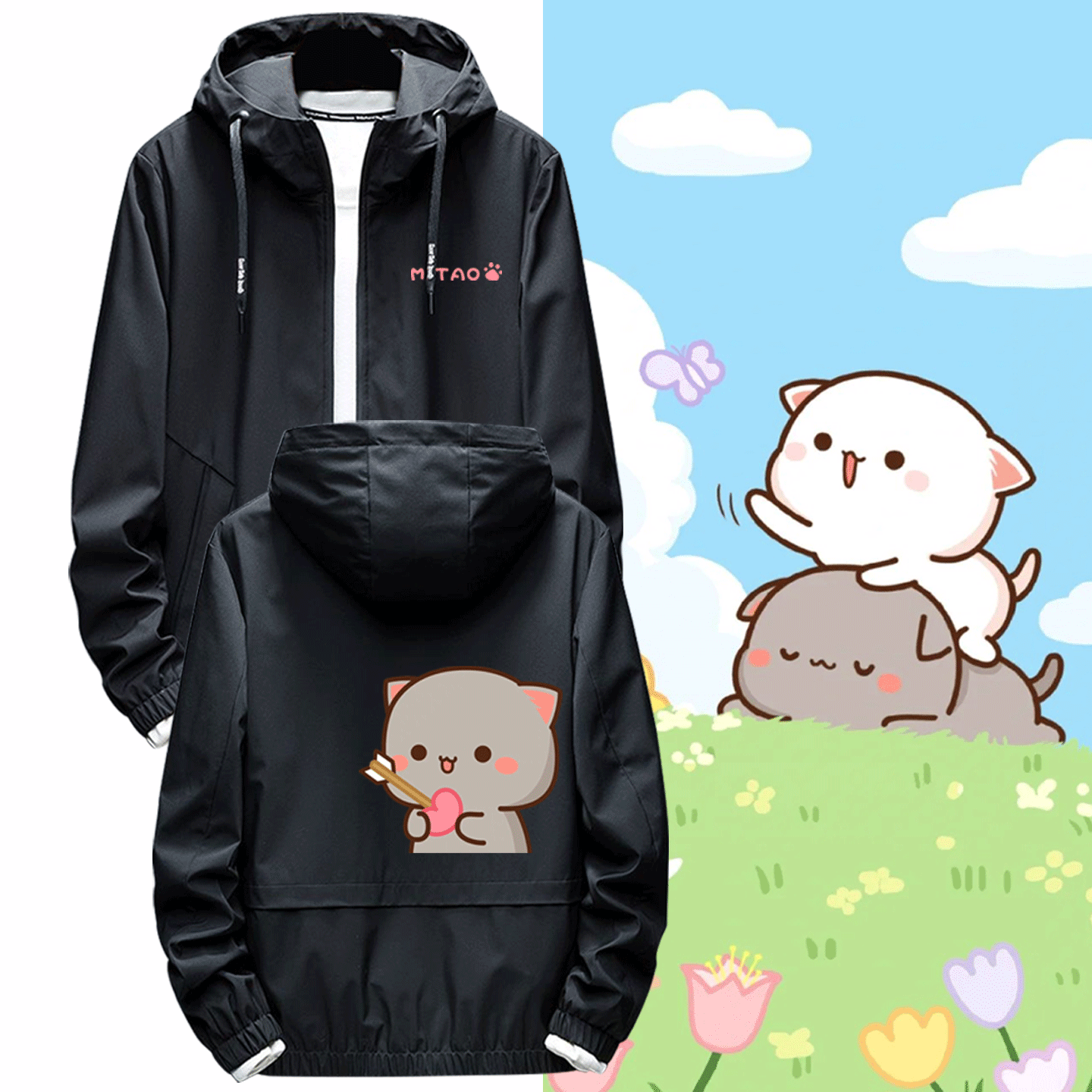 蜜桃猫卡通可爱周边动画潮版男女情侣秋冬可定制连帽开衫夹克外套