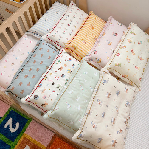 A类全棉双层纱布儿童枕套纯棉乳胶枕头套卡通宝宝枕芯套枕罩枕巾