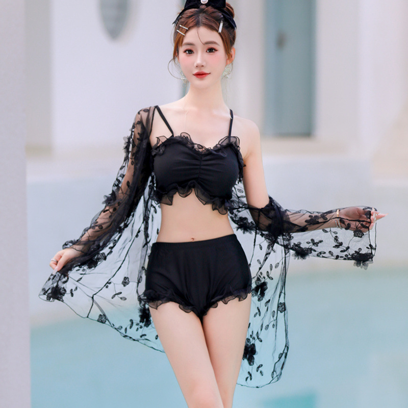 ins仙女范比基尼泳衣三件套韩国性感防晒蕾丝开衫沙滩分体泳装女