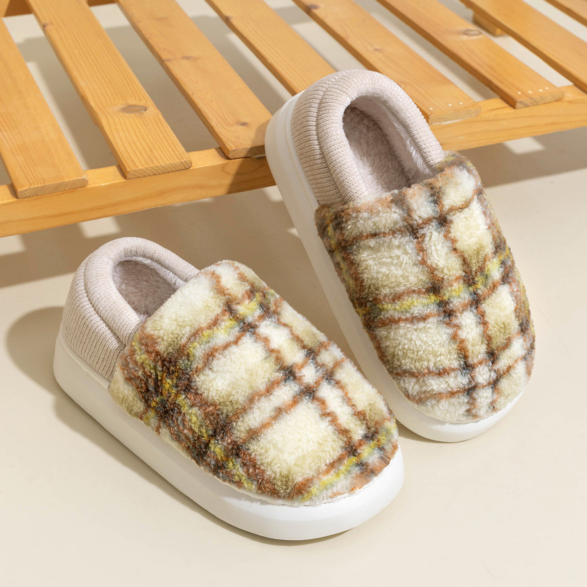 格子棉鞋男冬室内家居防滑保暖情侣居家用包跟软底冬款毛拖鞋女