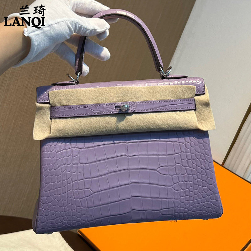 香芋紫雾面哑光美洲鳄鱼皮女士手提凯莉包25cm全手工缝银扣高档