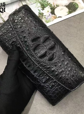 三折女士钱包鳄鱼皮手拿包女款黑色橙色真皮钱夹时尚搭扣
