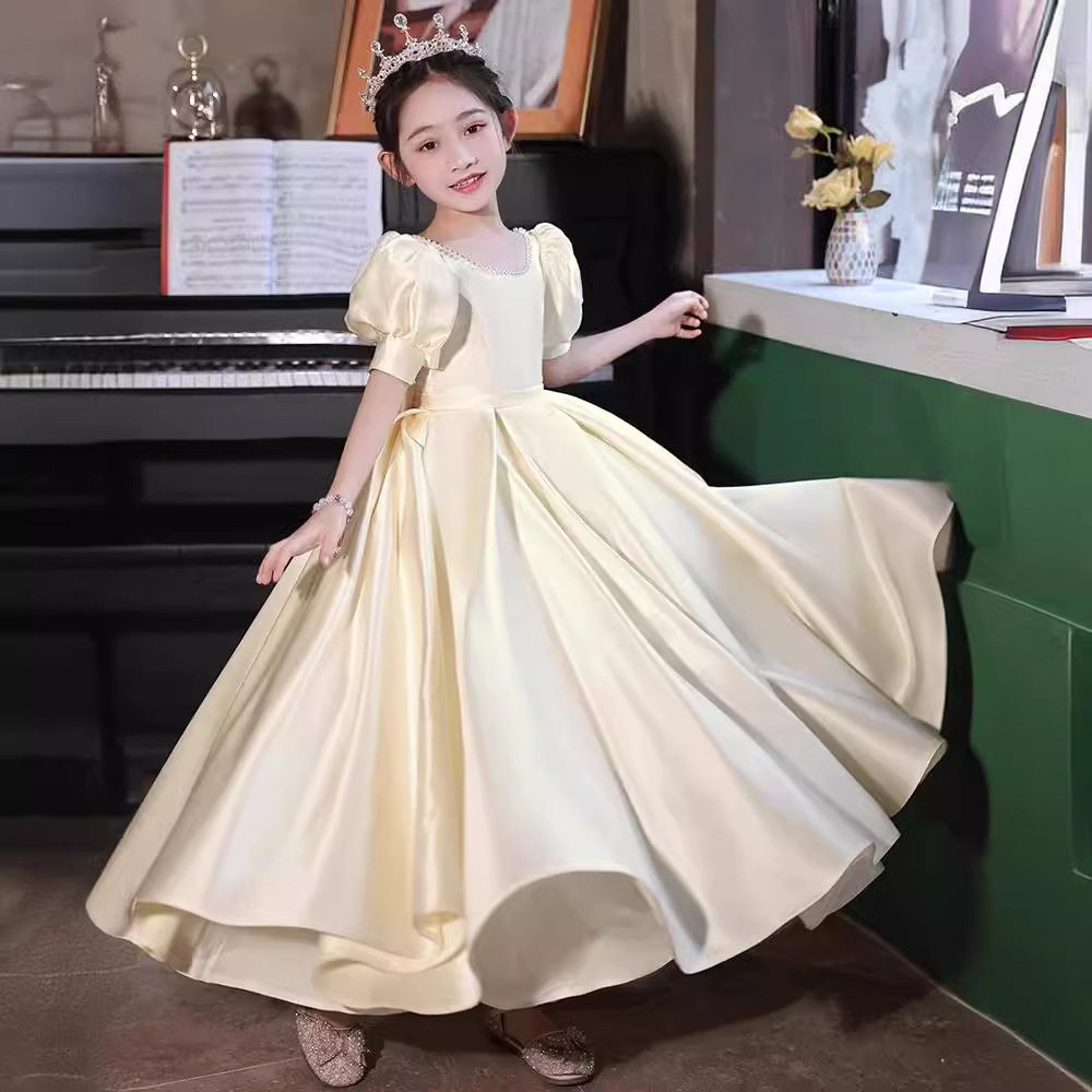 香槟色泡泡袖缎面礼服女大童花童钢琴演出公主裙拖地大摆裙,童装/婴儿装/亲子装,儿童礼服,淘宝优惠券,粉丝福利购,淘宝优惠卷
