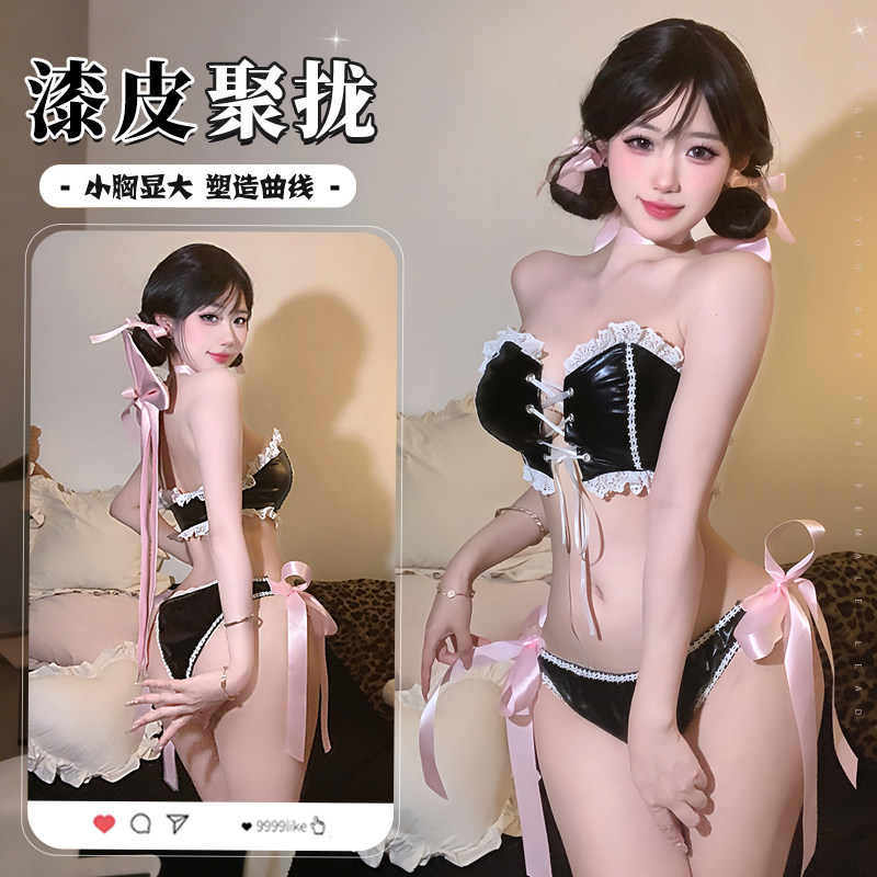 纯欲女仆角色扮演火辣制服漆皮蕾丝拼接抹胸诱惑免脱蝴蝶结系带装