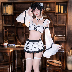 国风套装熊猫印花中华小厨娘女仆系带裙角色扮演纯欲主播舞蹈制服