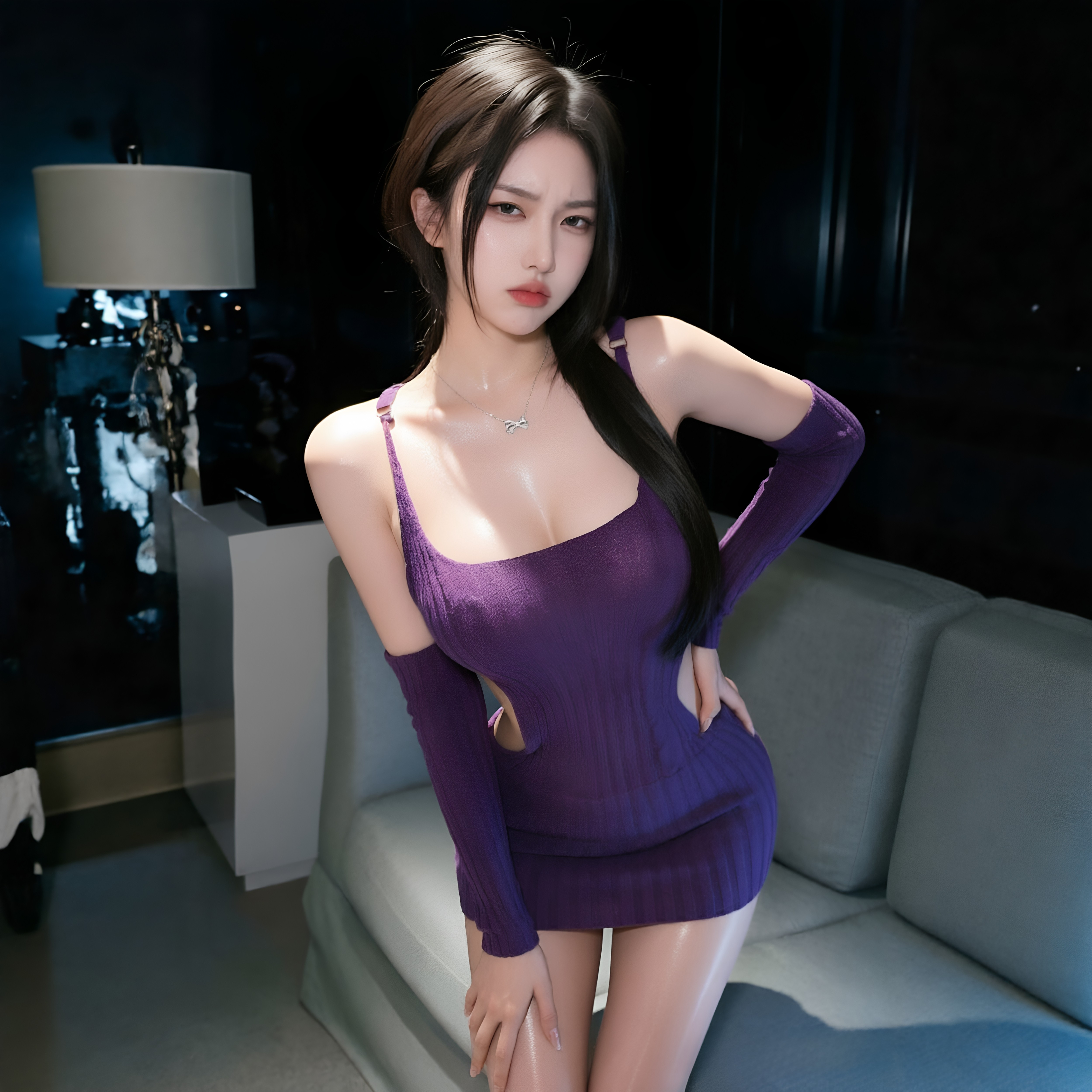 紫色针织毛衣法式轻熟网纱拼接抹胸连衣裙女系带包臀裙qqny纯欲裙
