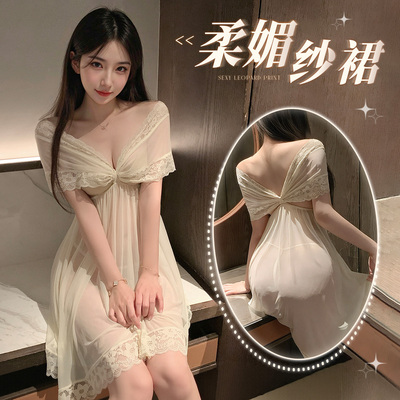 柔媚蝴蝶结一字肩连衣裙抹胸两穿性感纯欲情调透视睡衣淡黄色睡裙