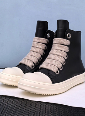 ro鞋男真皮增高奶香厚底高帮鞋运动休闲新款粗鞋带板鞋女系带短靴