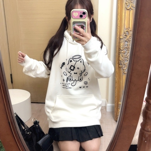 原创白色粉蓝连帽宅系卫衣女宽松可爱猫咪印花加绒秋冬外套上衣萌