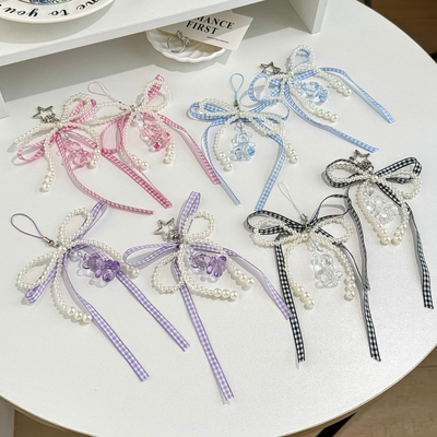 自制日韩系少女丝带蝴蝶结手机链可爱透色小熊包包挂饰串珠钥匙扣