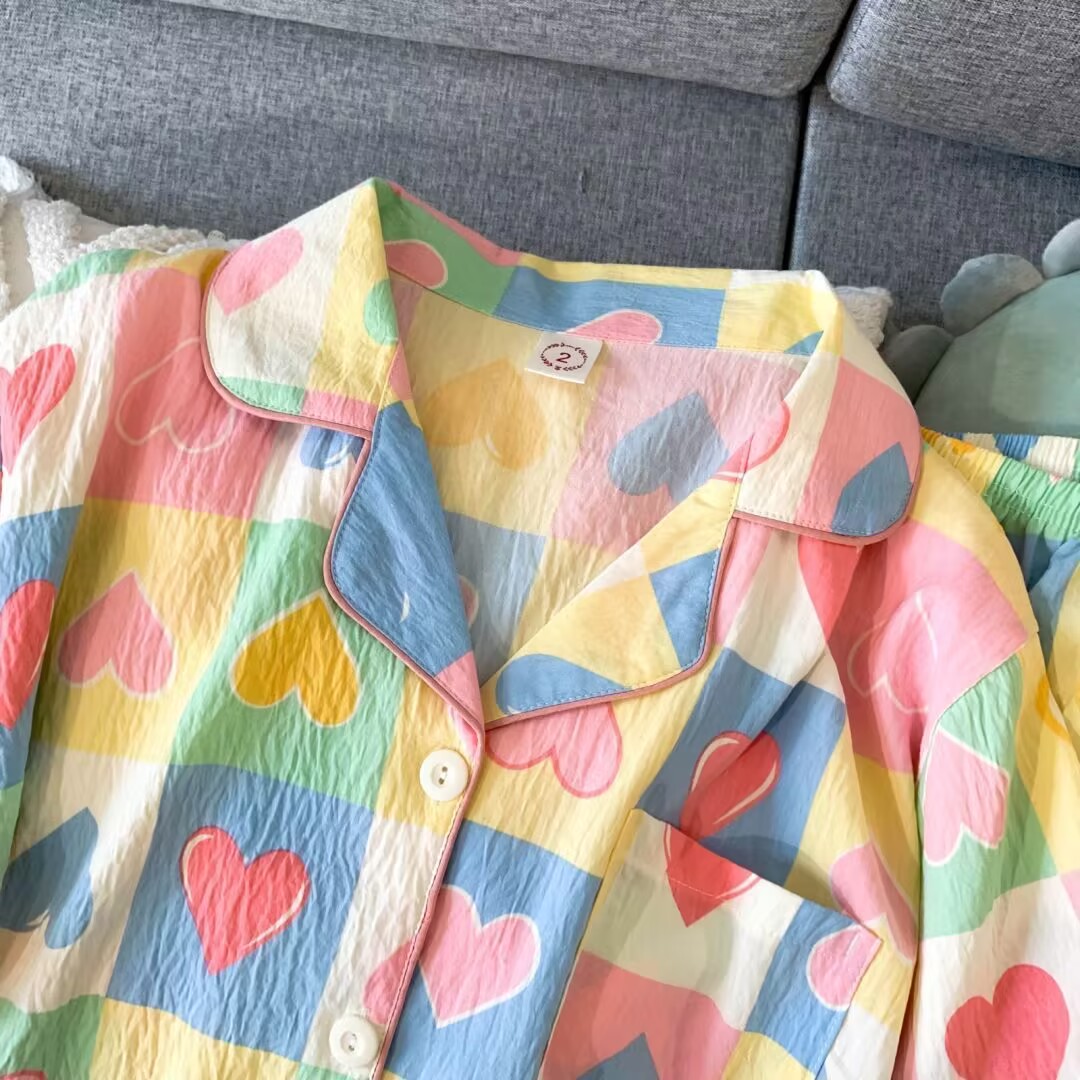 网红ins纯棉纱布睡衣女春秋季长袖长裤外穿韩版卡通家居服套装