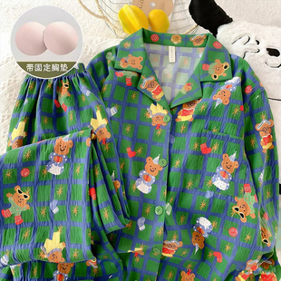 纯棉纱布可爱卡通家居服套装 2026年新款 春秋季 带胸垫睡衣女开衫