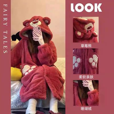 玉桂狗珊瑚绒睡衣冬季女学生加厚加厚草莓熊睡袍宿舍可外穿家居服