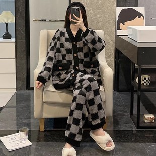 法兰绒加厚格子春小香风春秋套装 珊瑚绒大码 家居服 秋冬季 睡衣女款