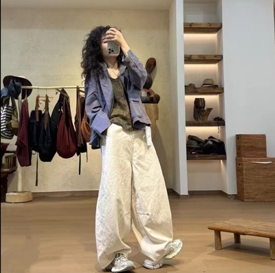 衣牧了然2025新款重工多套节休闲长裤 象牙白色直筒裤子252187