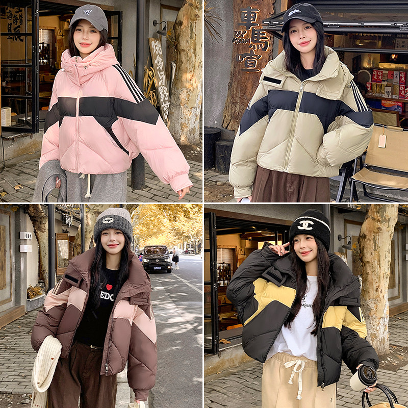 连帽短款撞色棉服女2025新款加厚拼色棉衣休闲百搭外套