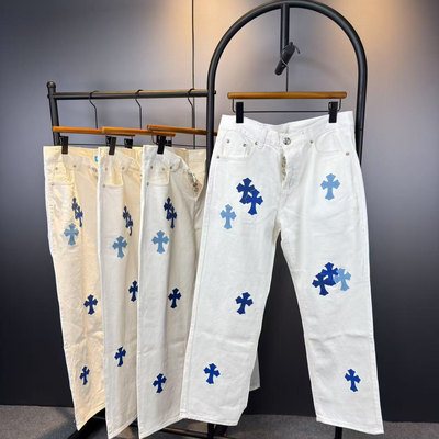 十字架贴皮克罗白色牛仔裤宽松
