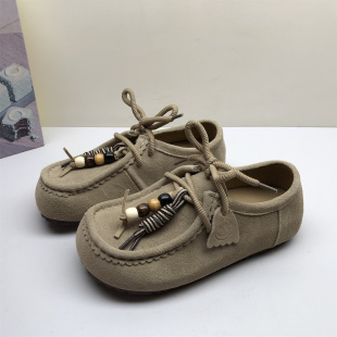 专柜撤柜真皮女鞋反绒皮串珠勃肯鞋女冬季内增高圆头系带厚底舒适