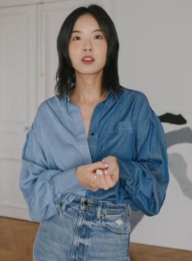 【HSU】元~Meng_mao博主同款复古牛仔拼色puff袖垂坠柔软天丝衬衫