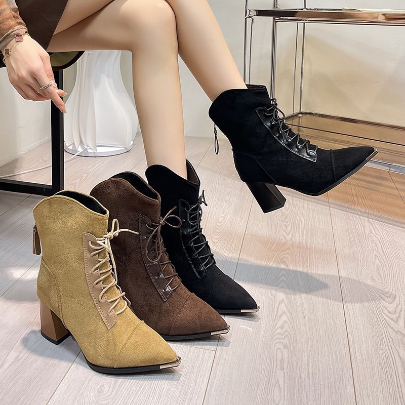 巨好穿~手工早秋新品短靴女单靴前系带交叉绑带尖头低跟粗跟百搭