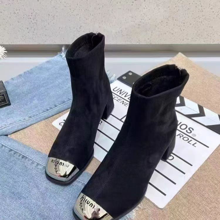 绒面短靴女2025新款中跟粗跟秋冬靴子裸靴高跟马丁靴女瘦瘦弹力靴