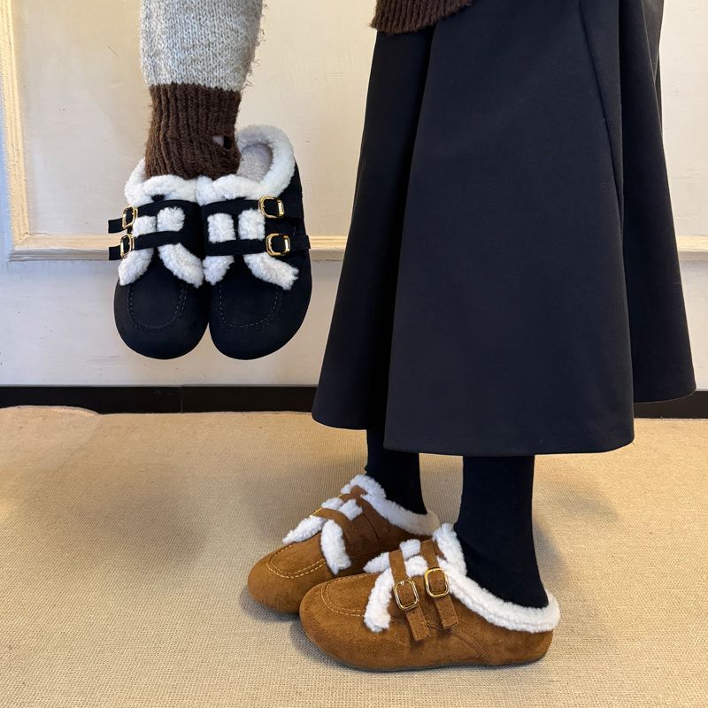 皮毛一体皮带扣加绒懒人一脚蹬勃肯鞋女2025秋冬新款百搭棉鞋