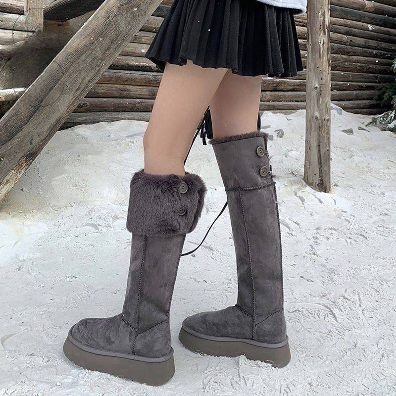 外翻两穿东北长靴雪地靴女过膝纽扣高筒厚底2025新款冬季加绒,女鞋,时尚雪地靴,淘宝优惠券,粉丝福利购,淘宝优惠卷