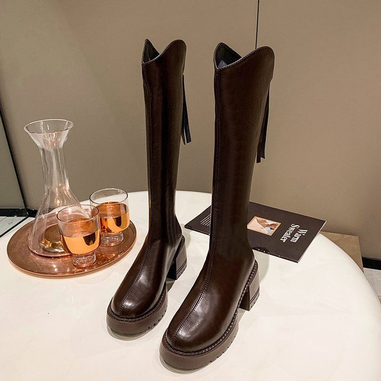 长靴冬季加绒V口骑士靴粗腿高筒靴高跟长筒靴女靴、