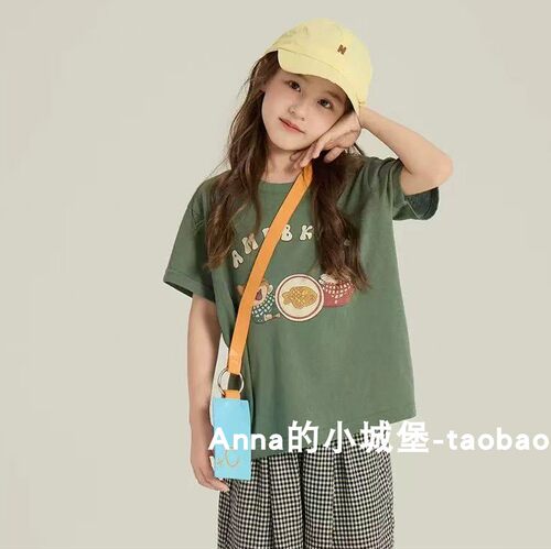 春夏男女童韩版卡通可爱短袖T恤儿童休闲复古绿宽松半袖百搭上衣