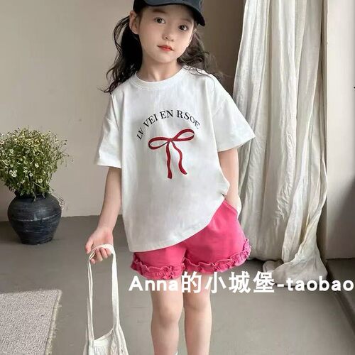 女童夏款纯棉字母可爱蝴蝶结T恤