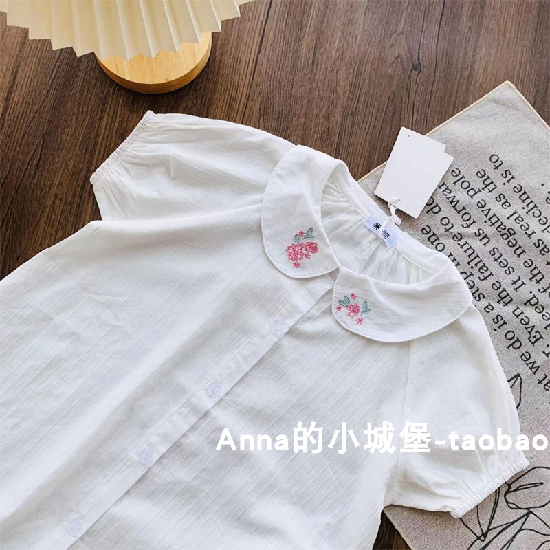 夏季新款女童纯棉短袖娃娃衫儿童宝宝刺绣翻领衬衫上衣半袖韩版
