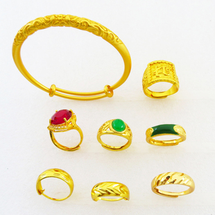 真沙金首饰品男女调节活口发财龙凤戒子婴儿童宝宝手镯子宝石耳环