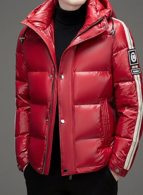 哥宾尼新款男装连帽红色羽绒服时尚休闲百搭白鸭绒高充绒保暖外套