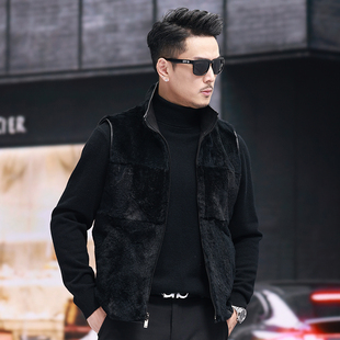 立领兔毛皮毛一体麂皮绒马甲男士 外套潮 黑色保暖背心皮草休闲时尚