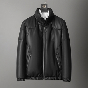真皮皮衣男黑色立领白鸭绒内胆短款皮羽绒服时尚百搭冬季保暖外套