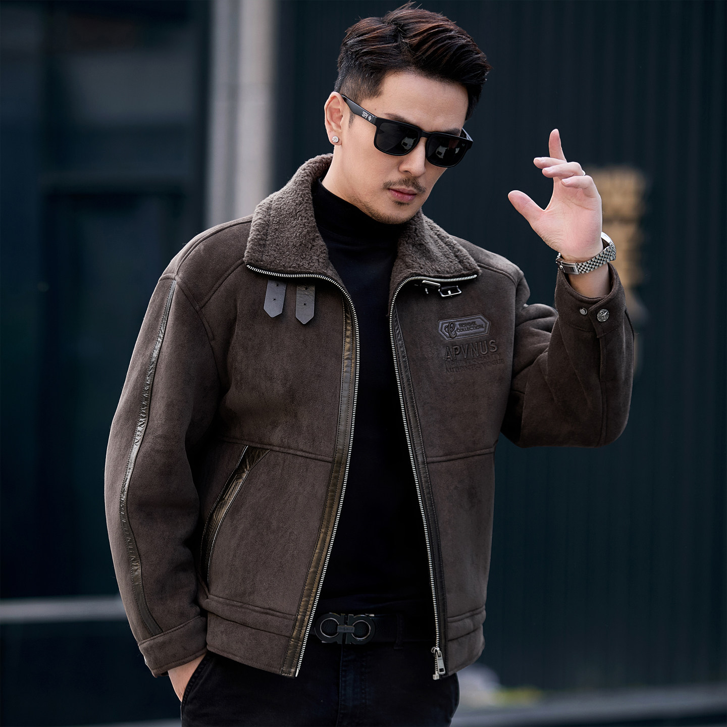 冬季麂皮绒皮毛一体外套男短款100%羊毛内胆翻领机车风皮夹克男装,男装,皮草,淘宝优惠券,粉丝福利购,淘宝优惠卷