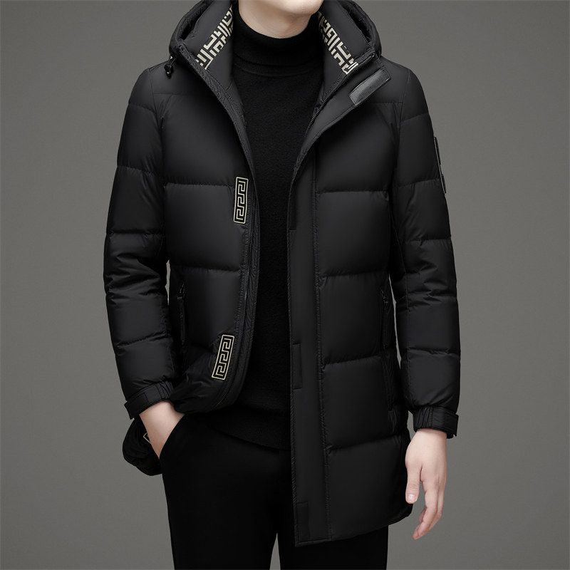 中青年国标90连帽羽绒服男中长款白鸭绒休闲加厚保暖外套2025冬季